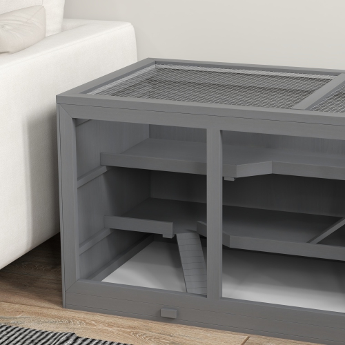 PawHut Wooden Hamster Cage, Mouse Mice Rat Cage for Small Animal, 3 Tier Exercise Play House with Slide, Tray, Grey