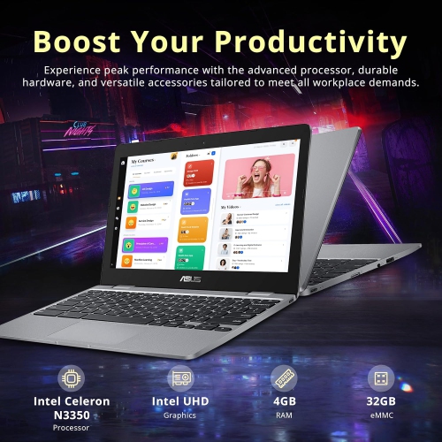 Open Box - ASUS C223 11.6''HD Chromebook Laptop, Intel Celeron N3350 Processor, 32GB eMMC Flash Memory, 4GB RAM, Intel HD Graphics, HD Webcam, Stereo