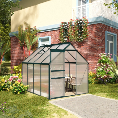 Outsunny 6' x 8' x 6.5' Polycarbonate Greenhouse, Walk-in Green House with Adjustable Roof Vent Galvanized Base Sliding Door Rain Gutter for Outdoor