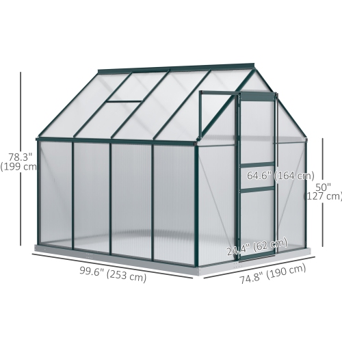 Outsunny 6' x 8' x 6.5' Polycarbonate Greenhouse, Walk-in Green House with Adjustable Roof Vent Galvanized Base Sliding Door Rain Gutter for Outdoor