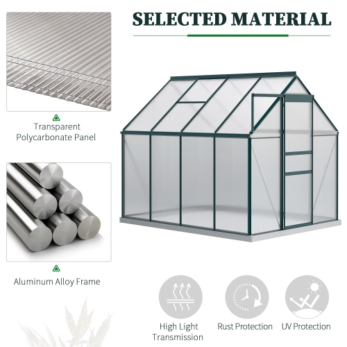 Outsunny 6' x 8' x 6.5' Polycarbonate Greenhouse, Walk-in Green House with Adjustable Roof Vent Galvanized Base Sliding Door Rain Gutter for Outdoor