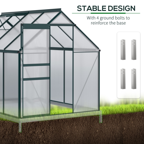 Outsunny 6' x 8' x 6.5' Polycarbonate Greenhouse, Walk-in Green House with Adjustable Roof Vent Galvanized Base Sliding Door Rain Gutter for Outdoor