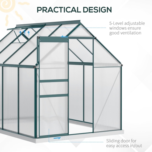 Outsunny 6' x 8' x 6.5' Polycarbonate Greenhouse, Walk-in Green House with Adjustable Roof Vent Galvanized Base Sliding Door Rain Gutter for Outdoor