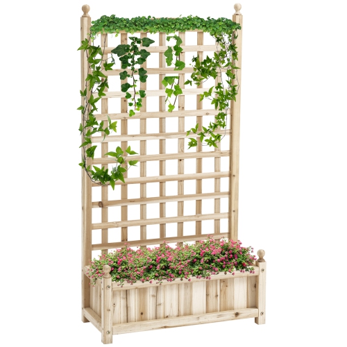 Outsunny Raised Garden Bed with Trellis for Climbing Vines, Wood Planter Box for Garden, Free Standing Flower Bed, Indoor Outdoor Display Rack, 25.2"