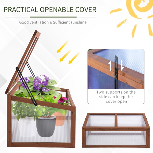 Cadre froid en bois Outsunny, couvercle supérieur ouvert et inclinable, 39 x 26 x 16 po, petite jardinière en polycarbonate pour fleurs,