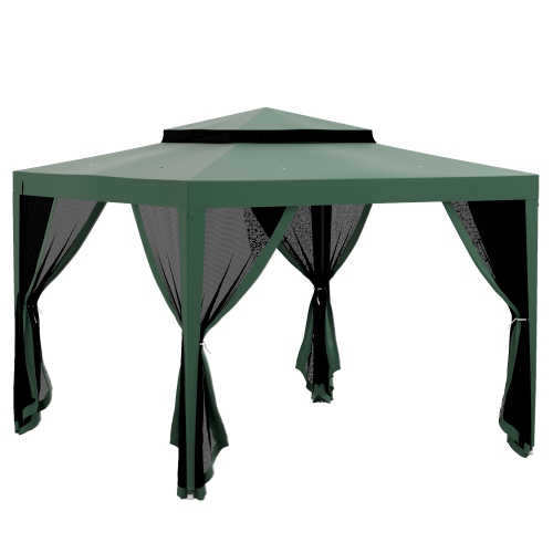 Image 1 de 9.. Tente à auvent Outsunny de 10 x 10 pi, tente de fête avec filet et toit à deux niveaux pour cour arrière, jardin, patio, extérieur, vert