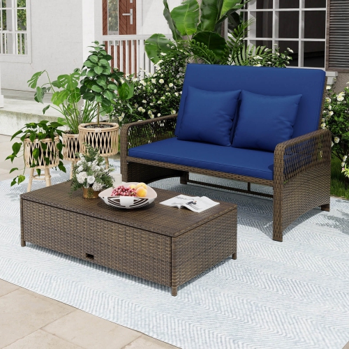 Costway Patio Rattan Daybed Wicker Loveseat Sofa with Multifunctional Ottoman