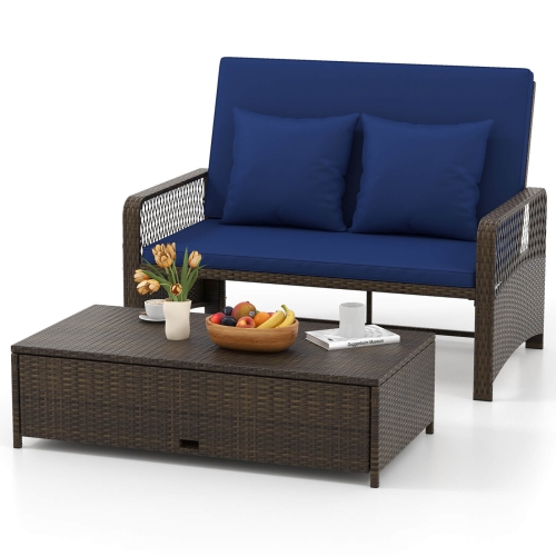 Costway Patio Rattan Daybed Wicker Loveseat Sofa with Multifunctional Ottoman