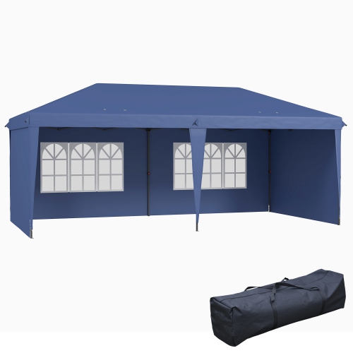 Abri instantané Outsunny Tente de fête avec auvent escamotable, extérieur, 10 x 20 pi, avec sac de transport, bleu