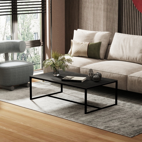 40 Inch Rectangle Heavy Duty Marble Coffee Table Modern Coffee Table Durable Waterproof Side Table with Sintered Stone-top Sturdy Metal Leg for Home