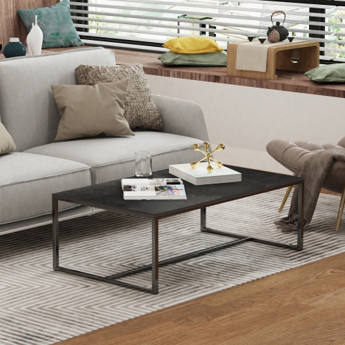 40 Inch Rectangle Heavy Duty Marble Coffee Table Modern Coffee Table Durable Waterproof Side Table with Sintered Stone-top Sturdy Metal Leg for Home
