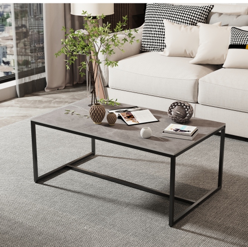 40 Inch Rectangle Heavy Duty Marble Coffee Table Modern Coffee Table Durable Waterproof Side Table with Sintered Stone-top Sturdy Metal Leg for Home