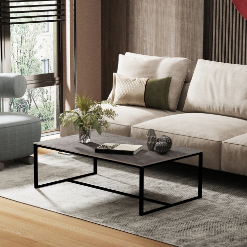 40 Inch Rectangle Heavy Duty Marble Coffee Table Modern Coffee Table Durable Waterproof Side Table with Sintered Stone-top Sturdy Metal Leg for Home