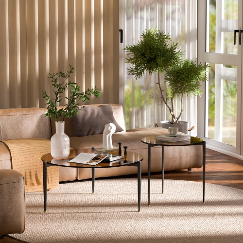 Modern Glass Coffee Table:Round Sofa Side Table Tempered Glass Top Decorative Center Table with Black Metal Legs Stand for Living Room Apartment