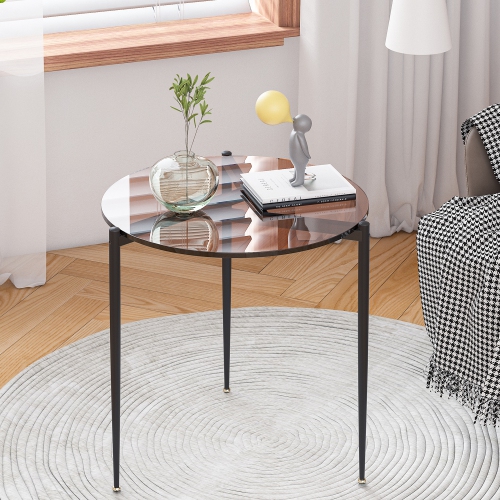 Modern Glass Coffee Table:Round Sofa Side Table Tempered Glass Top Decorative Center Table with Black Metal Legs Stand for Living Room Apartment