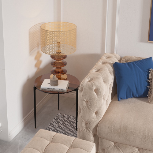 Modern Glass Coffee Table:Round Sofa Side Table Tempered Glass Top Decorative Center Table with Black Metal Legs Stand for Living Room Apartment