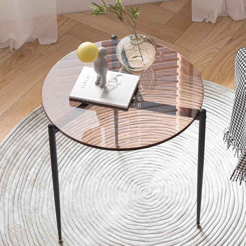 Modern Glass Coffee Table:Round Sofa Side Table Tempered Glass Top Decorative Center Table with Black Metal Legs Stand for Living Room Apartment