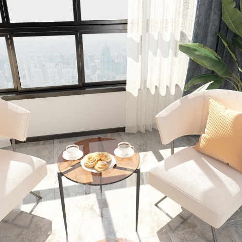 Modern Glass Coffee Table:Round Sofa Side Table Tempered Glass Top Decorative Center Table with Black Metal Legs Stand for Living Room Apartment