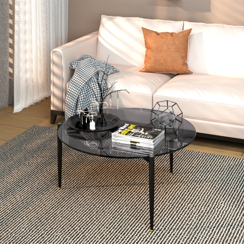 Modern Glass Coffee Table:Round Sofa Side Table Tempered Glass Top Decorative Center Table with Black Metal Legs Stand for Living Room Apartment