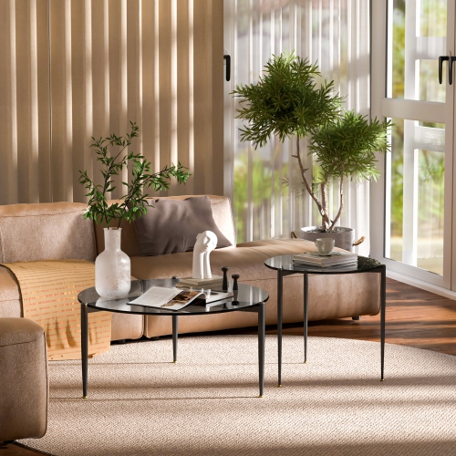 Modern Glass Coffee Table:Round Sofa Side Table Tempered Glass Top Decorative Center Table with Black Metal Legs Stand for Living Room Apartment