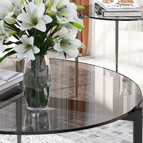 Modern Glass Coffee Table:Round Sofa Side Table Tempered Glass Top Decorative Center Table with Black Metal Legs Stand for Living Room Apartment