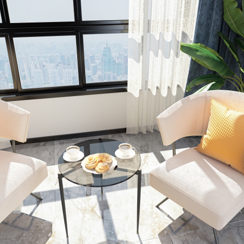 Modern Glass Coffee Table:Round Sofa Side Table Tempered Glass Top Decorative Center Table with Black Metal Legs Stand for Living Room Apartment