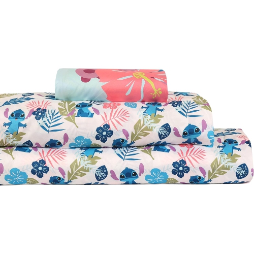 Ensemble de draps 3 pièces pour lit simple Lilo & Stitch de Disney pour enfants - Drap plat, drap-housse et taie d'oreiller