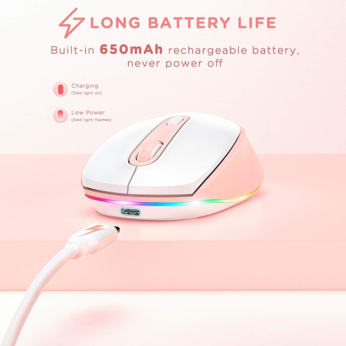 Wireless Mouse, Rechargeable Light Up Mouse for Laptop, Small Cordless Mice with Quiet Click LED Rainbow Lights for PC Computer Kids Chromebook