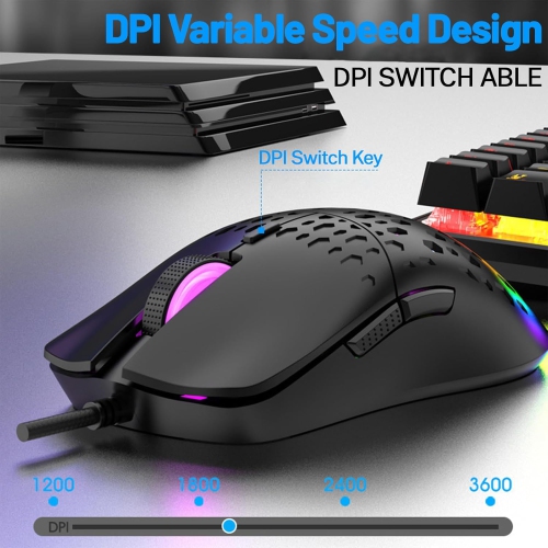 Gaming Mouse Wired, Lightweight RGB Gaming Mouse, 4 Adjustable DPI Up to 3600, 6 Programmable Buttons, Ergonomic Computer Mouse for