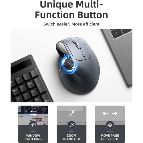 Ergonomic Vertical Mouse, Wireless Optical Bluetooth Mouse - Dual Mode Connectivity BT5.0+BT5.0+2.4GHz Up to 3 Devices, Adjustable DPI & 8 Function
