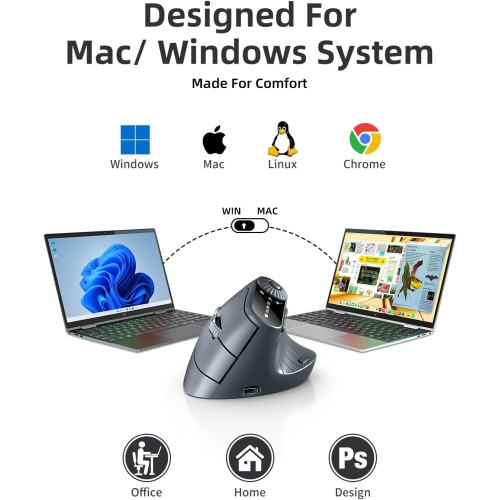 Ergonomic Vertical Mouse, Wireless Optical Bluetooth Mouse - Dual Mode Connectivity BT5.0+BT5.0+2.4GHz Up to 3 Devices, Adjustable DPI & 8 Function
