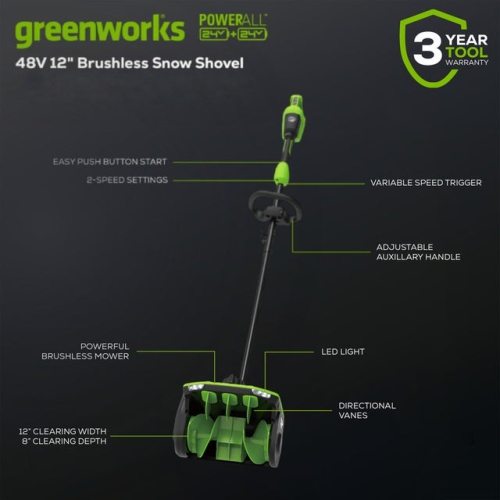 Pelle à neige sans fil de 12&nbsp;po 48&nbsp;V de Greenworks avec éclairage à DEL, distance de projection 25&nbsp;pi, souffleuse à neige électrique