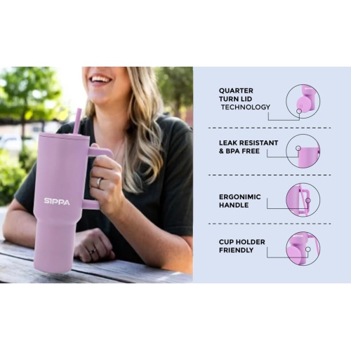 Gobelet 40&nbsp;oz de SIPPA avec paille et couvercle, gobelet réutilisable en acier inoxydable, gobelet isolé sous vide à double paroi avec poignée,