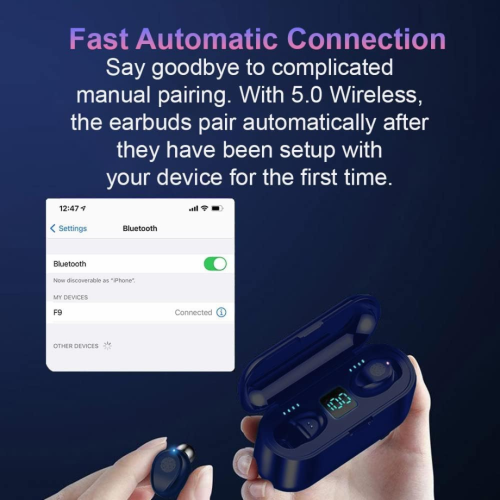 Fully Wireless 5.0 Rechargeable IPX7 Waterproof Earbud Headphones w Microphone, 2000mAh USB Smart Dual Case/Stand Surround Stereo Bass and Passive