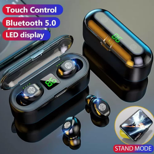 Fully Wireless 5.0 Rechargeable IPX7 Waterproof Earbud Headphones w Microphone, 2000mAh USB Smart Dual Case/Stand Surround Stereo Bass and Passive