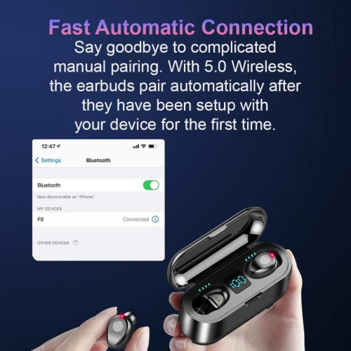 Fully Wireless 5.0 Rechargeable IPX7 Waterproof Earbud Headphones w Microphone, 2000mAh USB Smart Dual Case/Stand Surround Stereo Bass and Passive