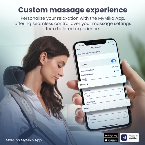 Appareil de massage shiatsu pour le cou et le dos de Miko mains libres avec chaleur apaisante – Contrôle par application