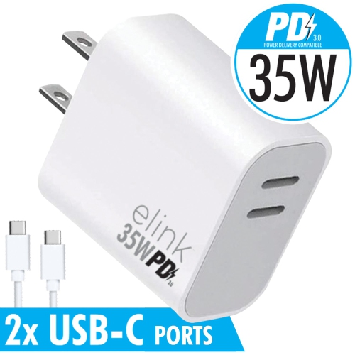 Elink - Fast Wall Charger, Dual USB-C 3.0 Ports, 35W, White