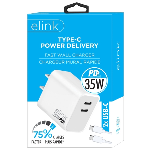 Elink - Fast Wall Charger, Dual USB-C 3.0 Ports, 35W, White