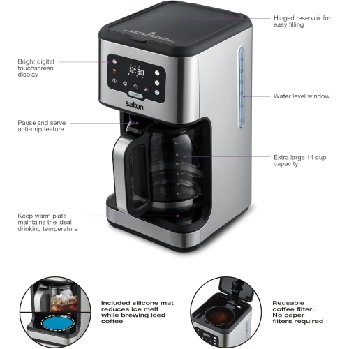 Salton - Programmable Digital Coffee Maker, 14 Cup Capacity, For Hot or Cold Coffee, Stainless Steel