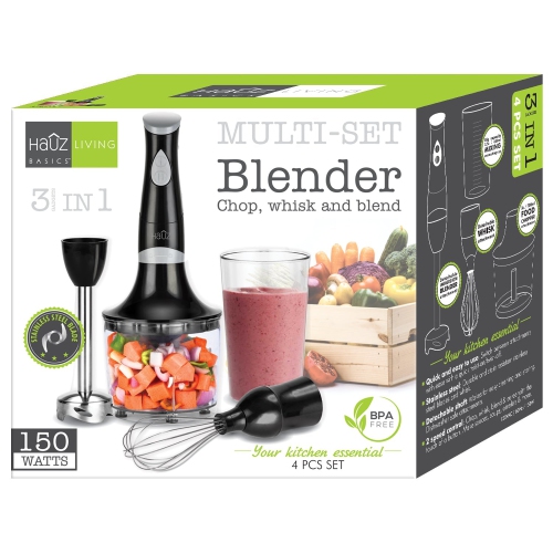 Hauz - 3 in 1 Immersion Blender with Chopper and Whisk, 2 Speeds, 150 Watts, Black