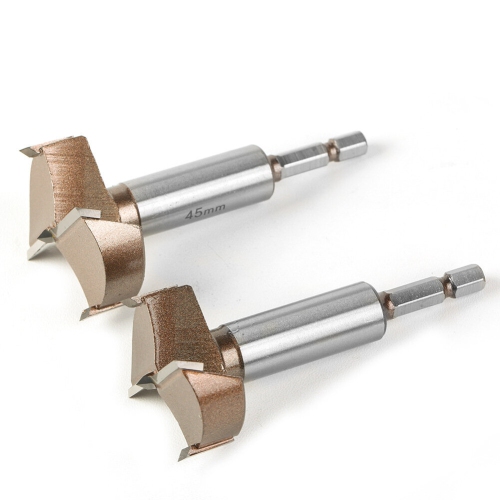 10mm to 50mm Professional Hexagonal Shank Woodworking Hinge Boring Bit Tungsten Carbide Blade Three-Tooth Double Blade Design Multiple Sizes