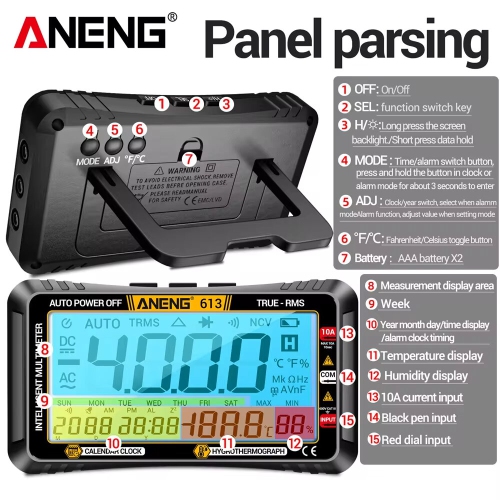 ANENG 613 Pro Multimètres intelligents Testeur de condensateur de tension c.c./c.a. 4000 compteurs 10&nbsp;A 600&nbsp;V de courant Tests de voltmètre