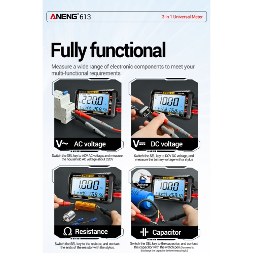 ANENG 613 Pro Multimètres intelligents Testeur de condensateur de tension c.c./c.a. 4000 compteurs 10&nbsp;A 600&nbsp;V de courant Tests de voltmètre