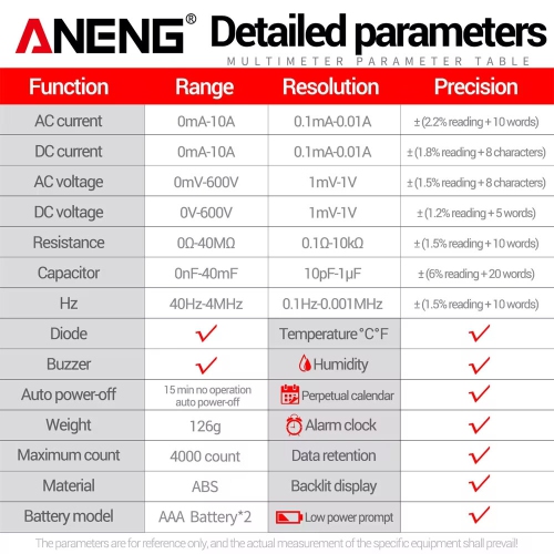 ANENG 613 Pro Multimètres intelligents Testeur de condensateur de tension c.c./c.a. 4000 compteurs 10&nbsp;A 600&nbsp;V de courant Tests de voltmètre