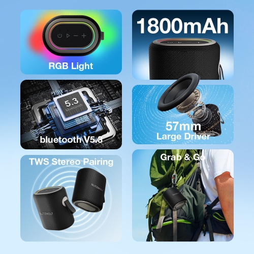 BlitzWolf BW-WA8 Portable bluetooth Speaker Wireless Speaker 57mm Large Driver Support TWS Stereo Pairing RGB Light TF Card AUX Music Outdoors Speaker