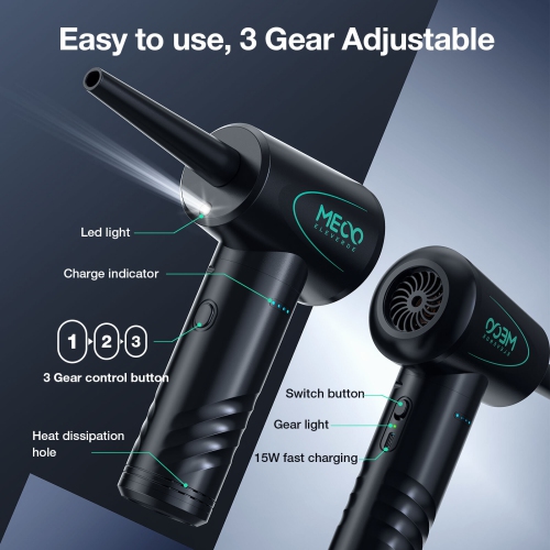 MECO ELEVERDE Compressed Air Duster, Air Blower with LED Light, 3-Gear to 100000RPM, Electric Air Duster for PC/Keyboard Cleaner, Reusable Cordless