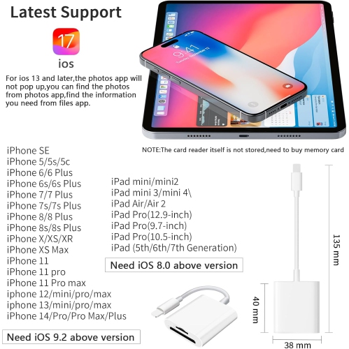 SD Card Reader for iPhone iPad Camera,Dual Card Slot Memory Card Reader Supports SD and TF Card Trail Camera Viewer Sd Card Adapter Portable Micro Sd