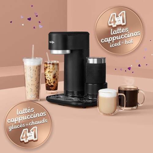 Cafetière 4-en-1 à une tasse pour café au lait, café glacé et café chaud de Mr. Coffee | Machine avec moussoir à lait, gobelet et filtre réutilisable