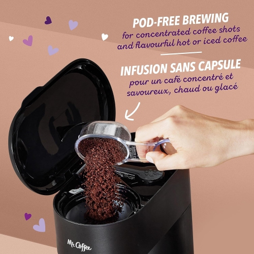 Cafetière 4-en-1 à une tasse pour café au lait, café glacé et café chaud de Mr. Coffee | Machine avec moussoir à lait, gobelet et filtre réutilisable